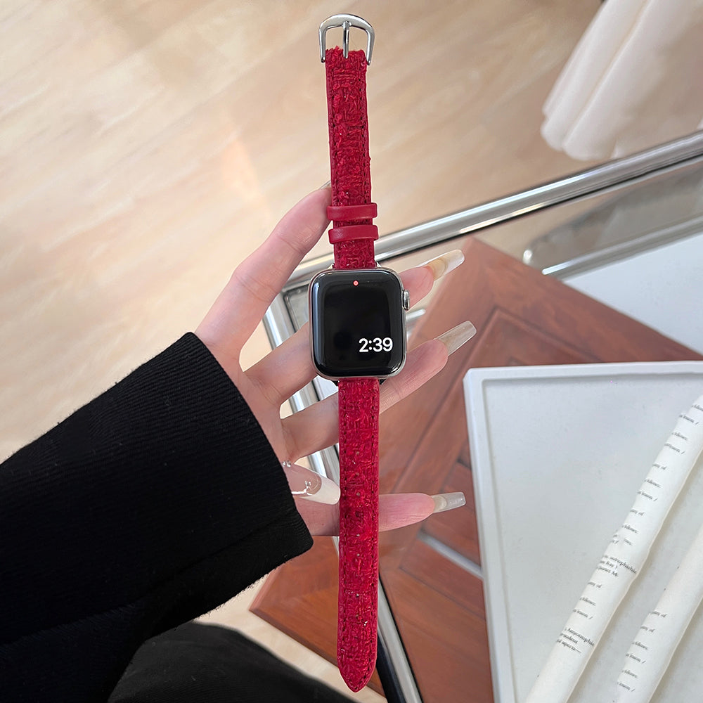 For Apple Watch Series 9 8 7 41mm / 6 5 4 SE (2023) SE (2022) SE 40mm / 3 2 1 38mm Woolen+Leather Watch Band - Red+Gold Buckle For Apple Watch Series 9 8 7 41mm / 6 5 4 SE (2023) SE (2022) SE 40mm / 3 2 1 38mm Woolen+Leather Watch Band - Red+Gold Buckle
